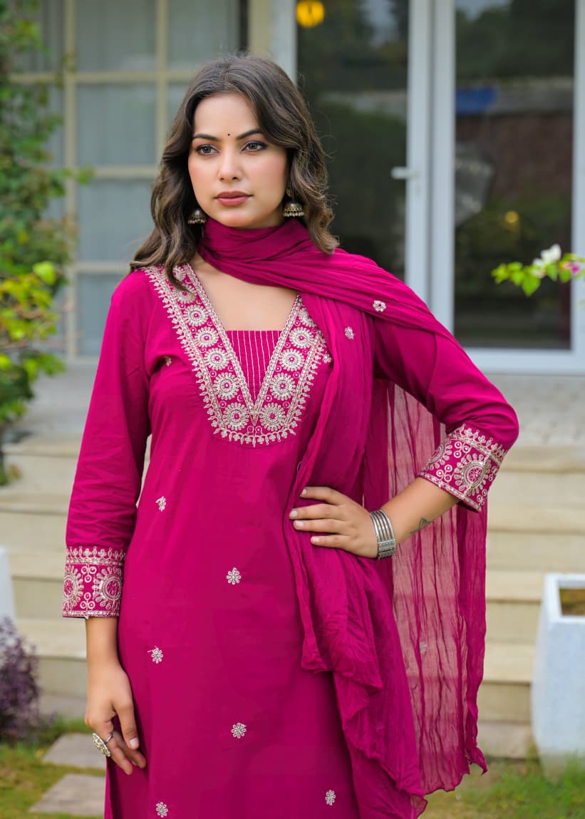 Magenta Pink Embroidered Cotton Kurta Set with Dupatta – Elegant Festive Wear for Women