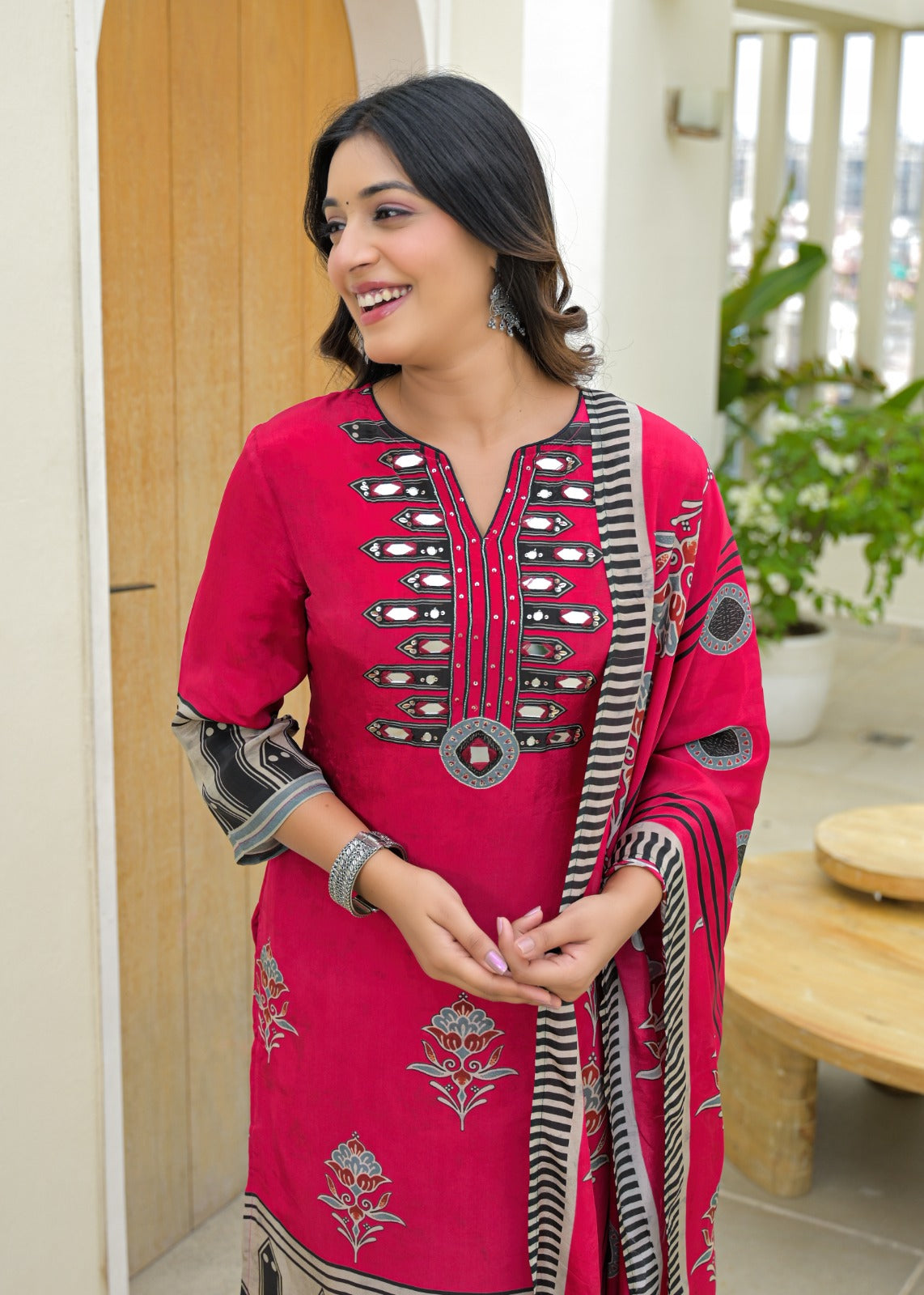 Red Printed Cotton Kurta Set with Dupatta – Elegant Ethnic & Office Wear for Women