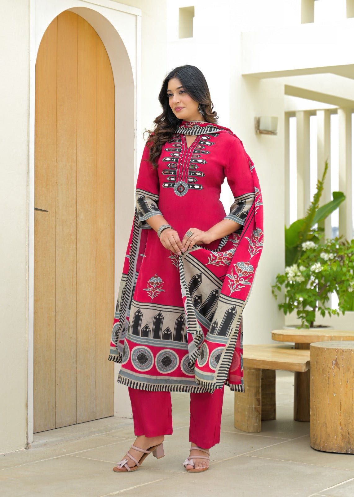 Red Printed Cotton Kurta Set with Dupatta – Elegant Ethnic & Office Wear for Women