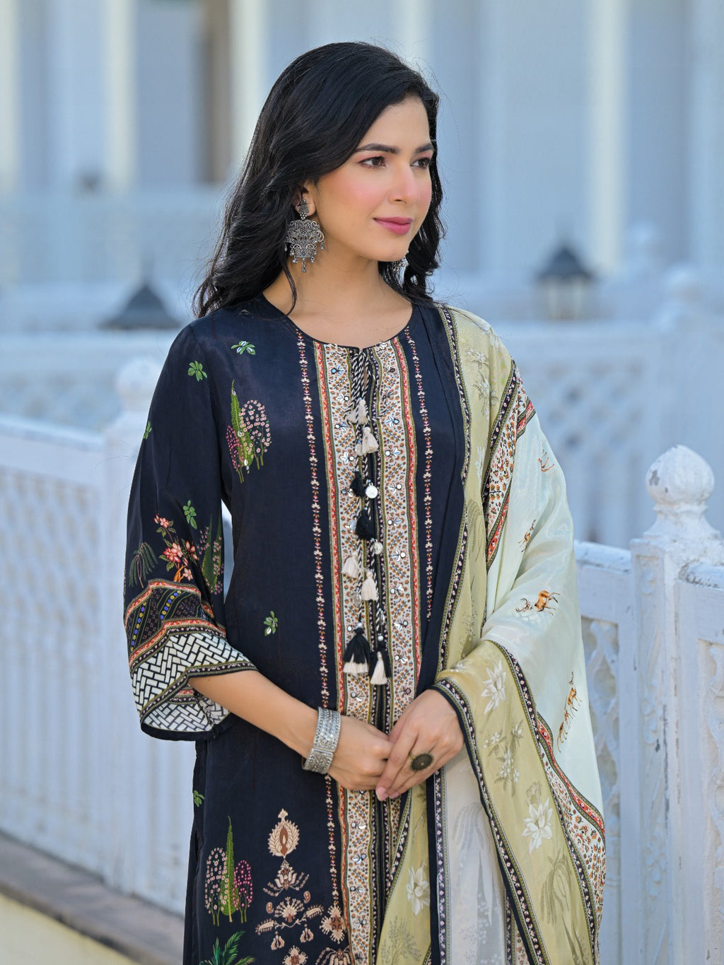Black Printed Cotton Kurta Set with Beige Dupatta – Elegant Ethnic & Festive Wear for Women