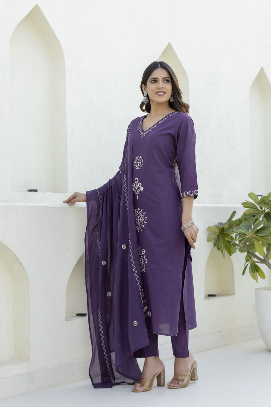 Deep Purple Embroidered Cotton Kurta Set with Dupatta – Elegant Festive & Traditional Wear for Women