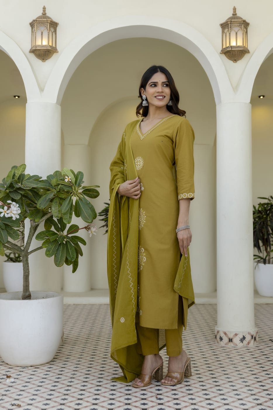 Mustard Yellow Embroidered Cotton Kurta Set with Dupatta – Elegant Festive & Traditional Wear for Women