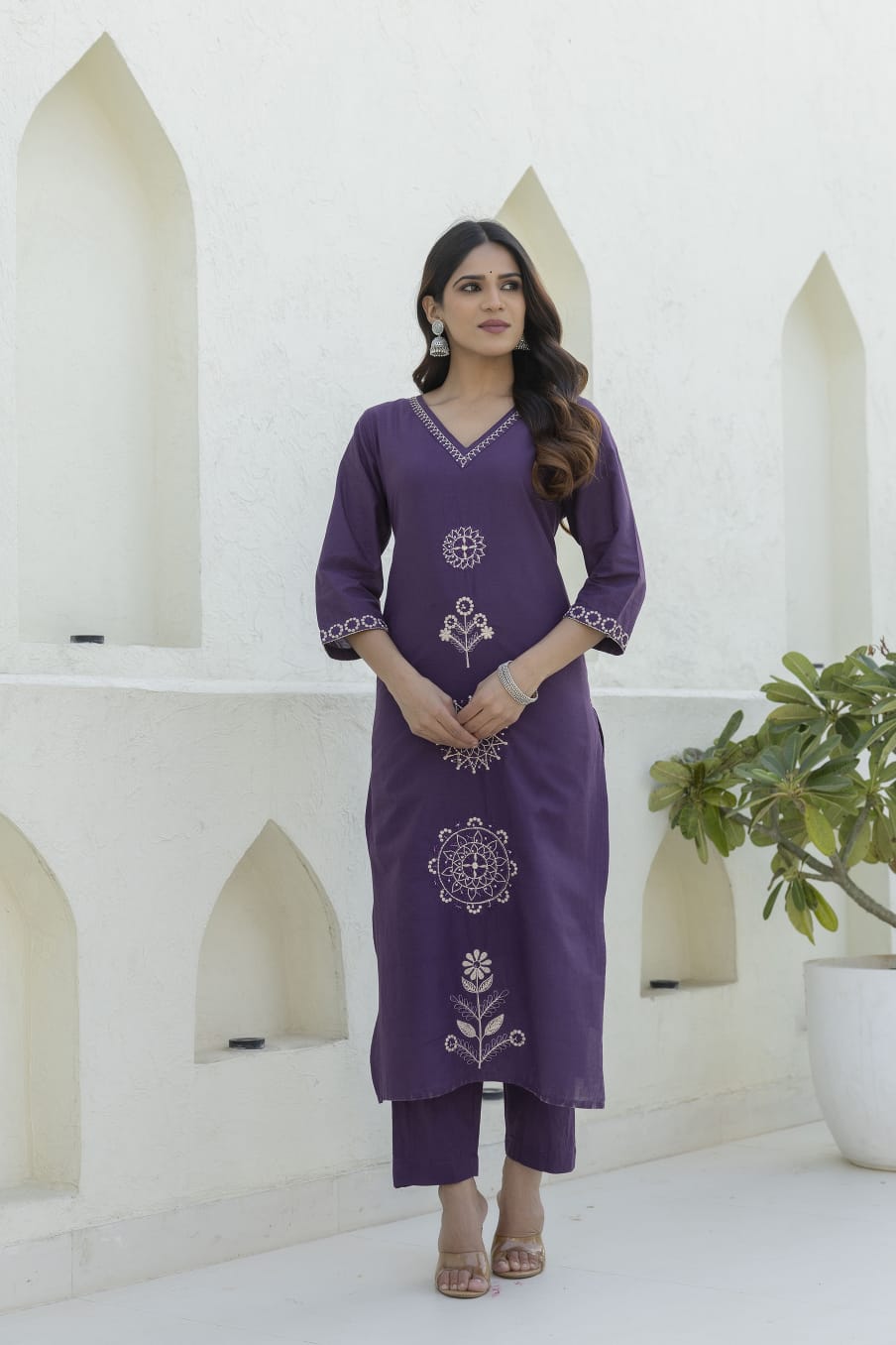 Deep Purple Embroidered Cotton Kurta Set with Dupatta – Elegant Festive & Traditional Wear for Women