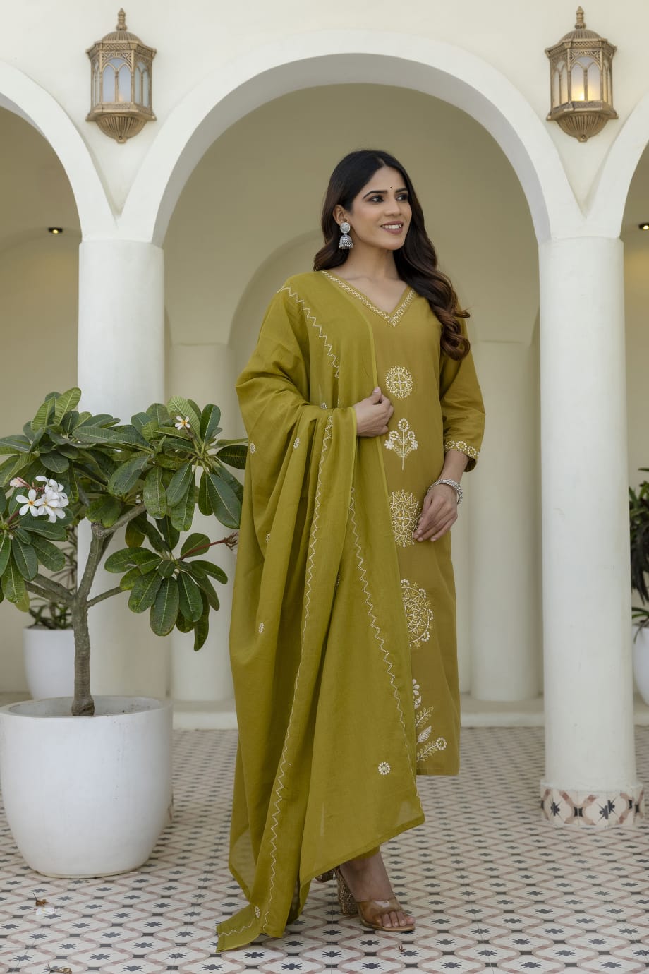 Mustard Yellow Embroidered Cotton Kurta Set with Dupatta – Elegant Festive & Traditional Wear for Women