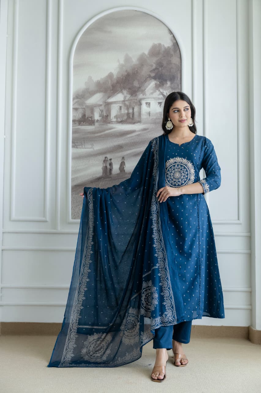 Navy Blue Embroidered Cotton Kurta Set with Dupatta – Elegant Festive & Traditional Wear for Women