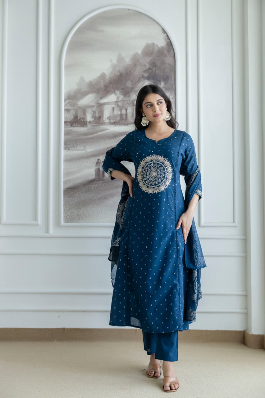 Navy Blue Embroidered Cotton Kurta Set with Dupatta – Elegant Festive & Traditional Wear for Women