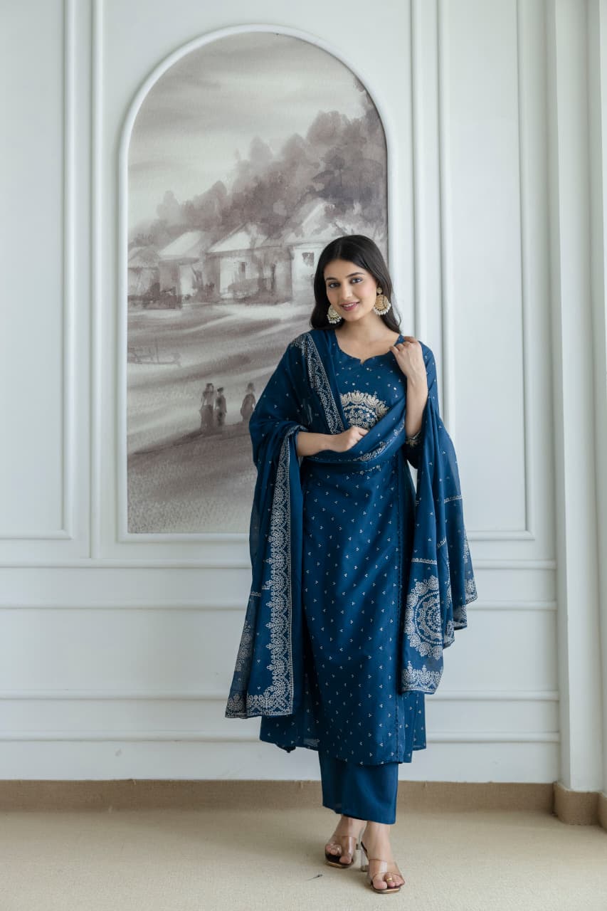 Navy Blue Embroidered Cotton Kurta Set with Dupatta – Elegant Festive & Traditional Wear for Women