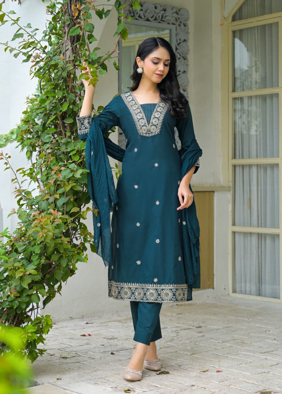 Teal Blue Embroidered Cotton Kurta Set with Dupatta – Elegant Festive Wear