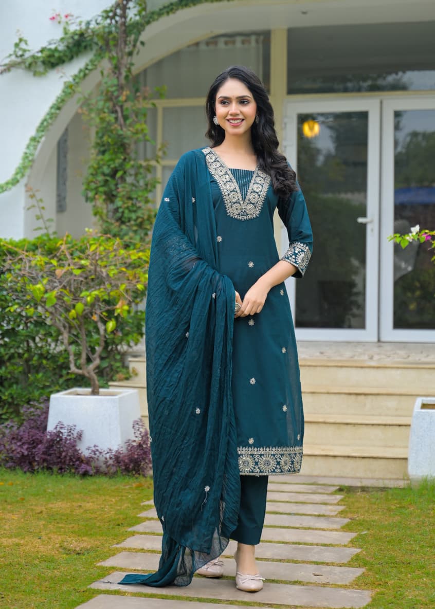 Teal Blue Embroidered Cotton Kurta Set with Dupatta – Elegant Festive Wear