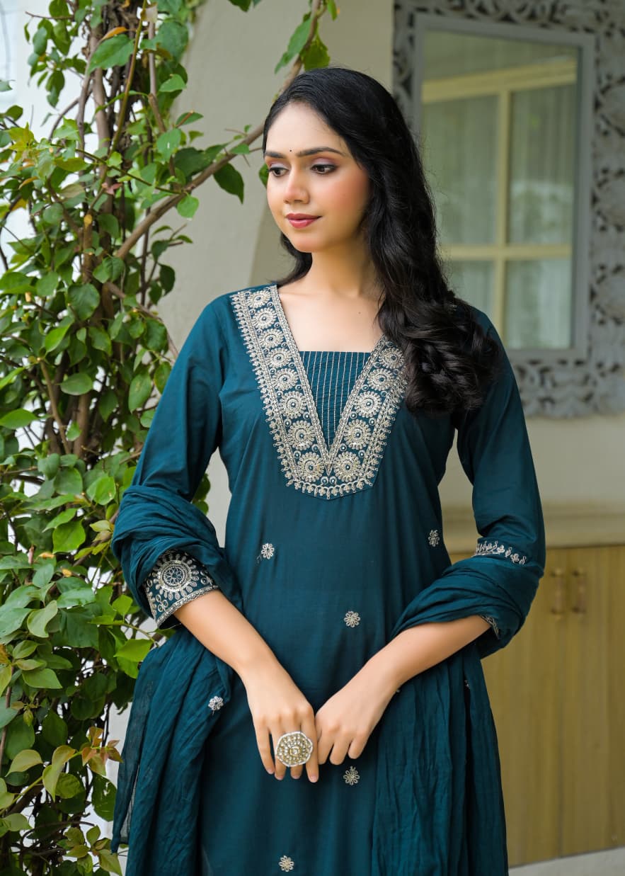 Teal Blue Embroidered Cotton Kurta Set with Dupatta – Elegant Festive Wear