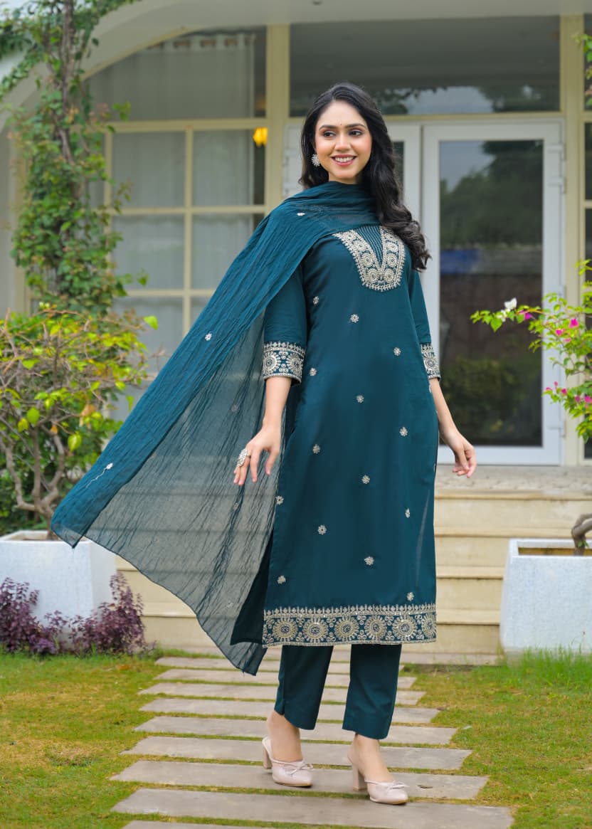 Teal Blue Embroidered Cotton Kurta Set with Dupatta – Elegant Festive Wear