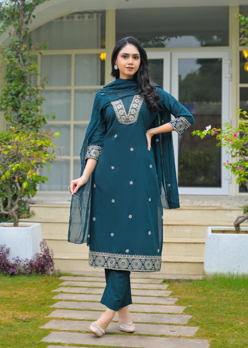Teal Blue Embroidered Cotton Kurta Set with Dupatta – Elegant Festive Wear
