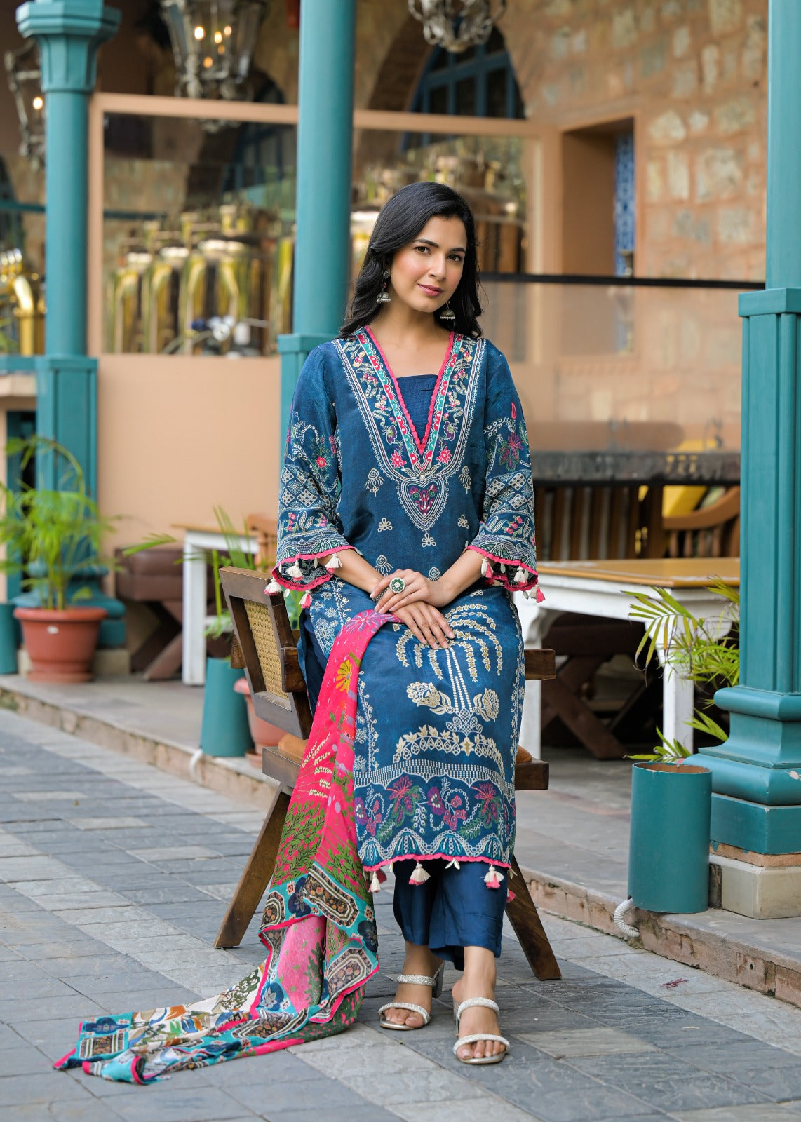 Blue Printed Cotton Kurta Set with Multicolor Dupatta – Elegant Ethnic Wear for Women