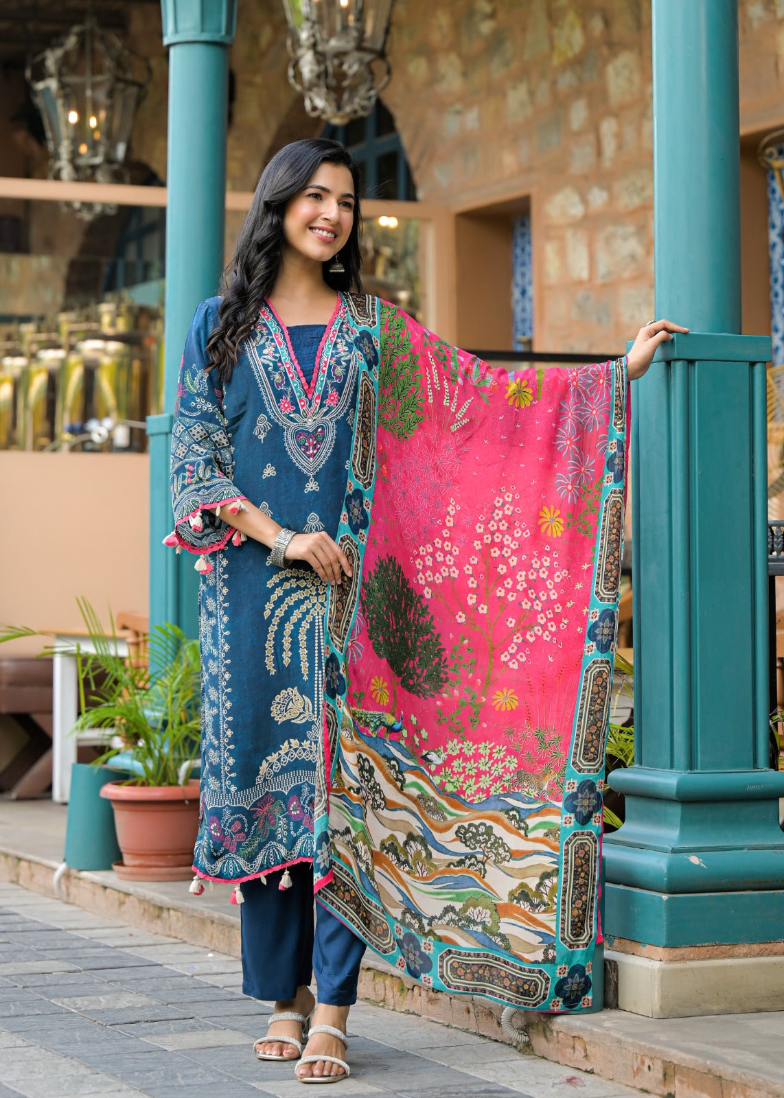 Blue Printed Cotton Kurta Set with Multicolor Dupatta – Elegant Ethnic Wear for Women