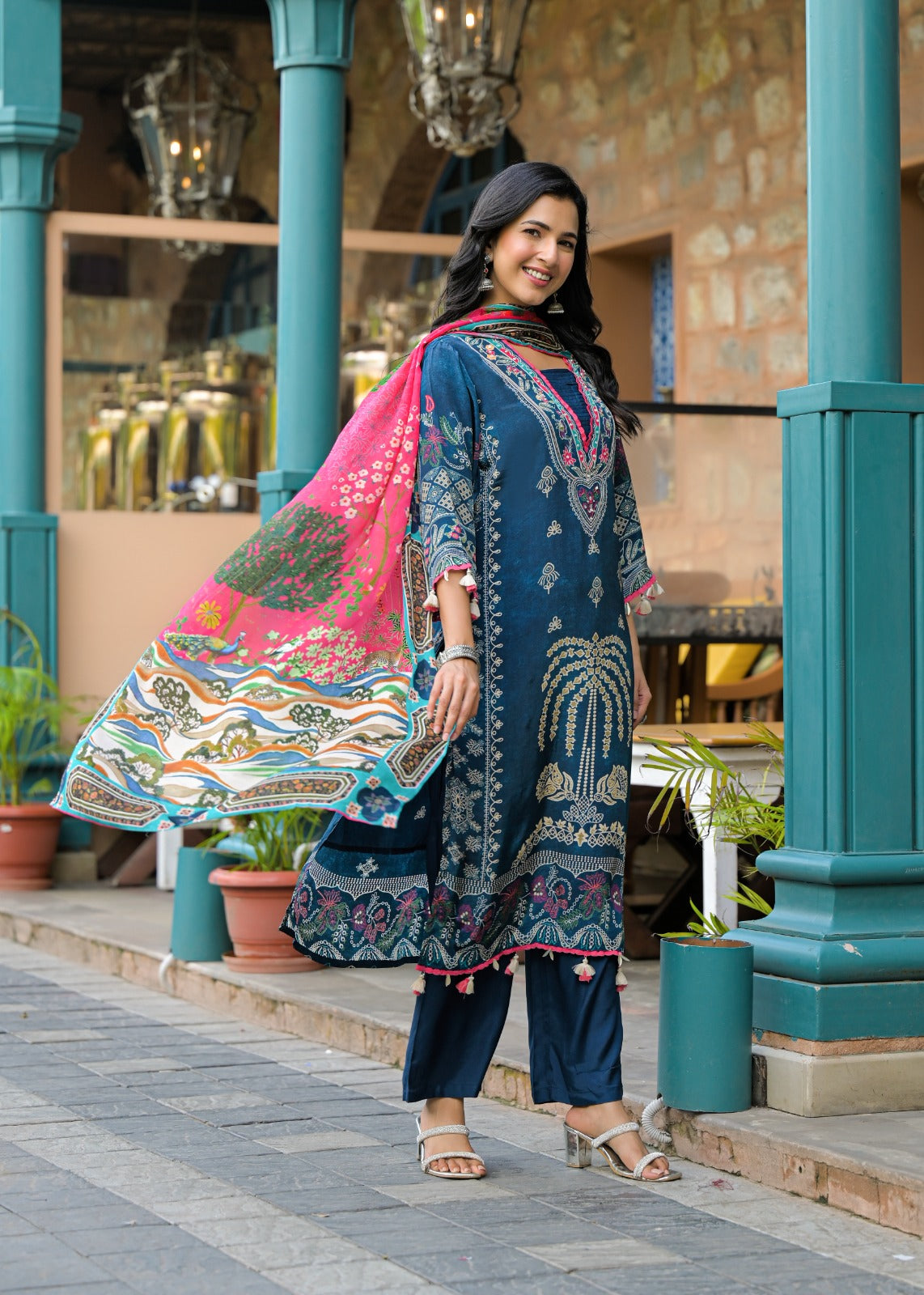 Blue Printed Cotton Kurta Set with Multicolor Dupatta – Elegant Ethnic Wear for Women