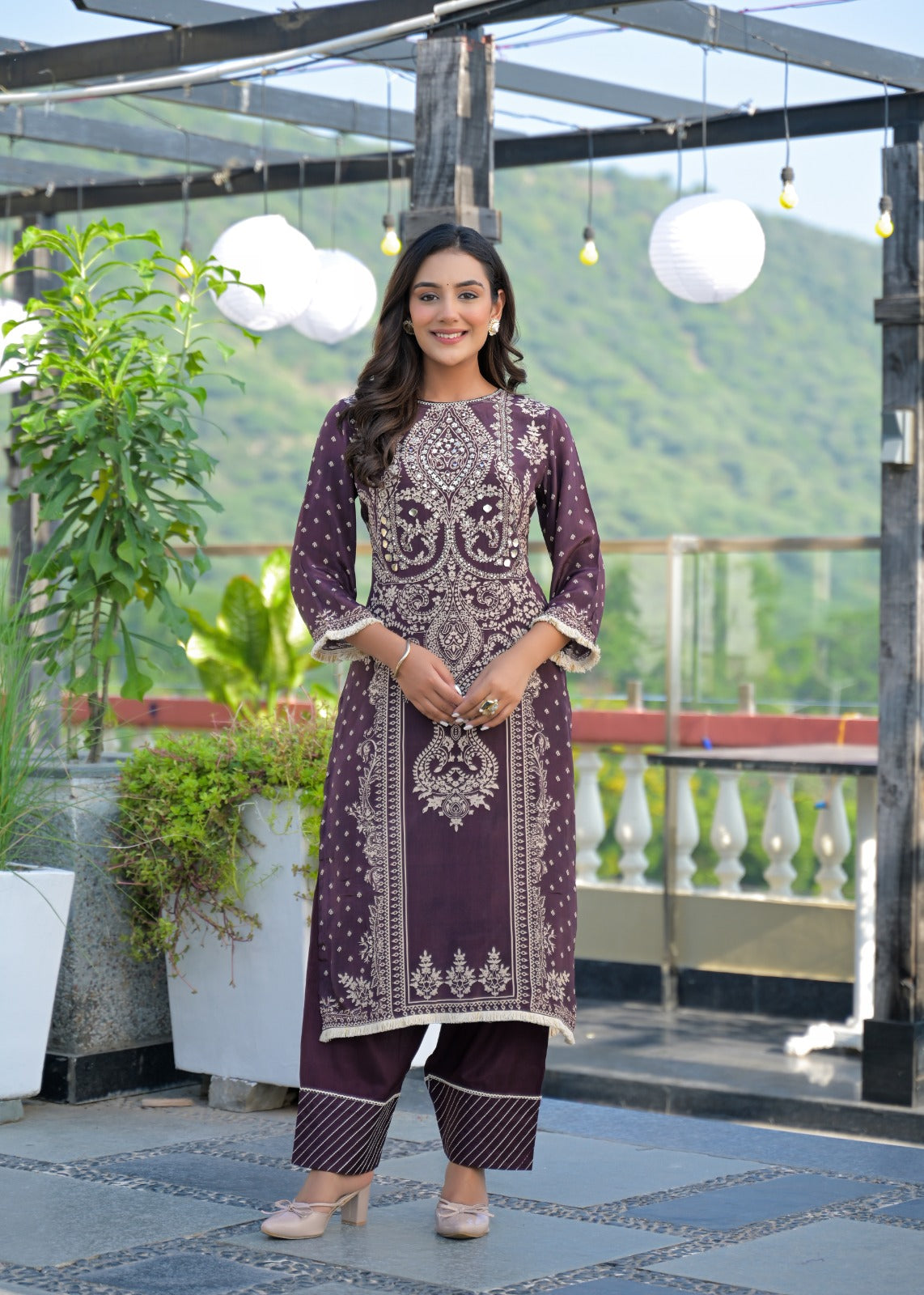 Plum Embroidered Cotton Kurta Set with Pants – Elegant Festive Wear for Women