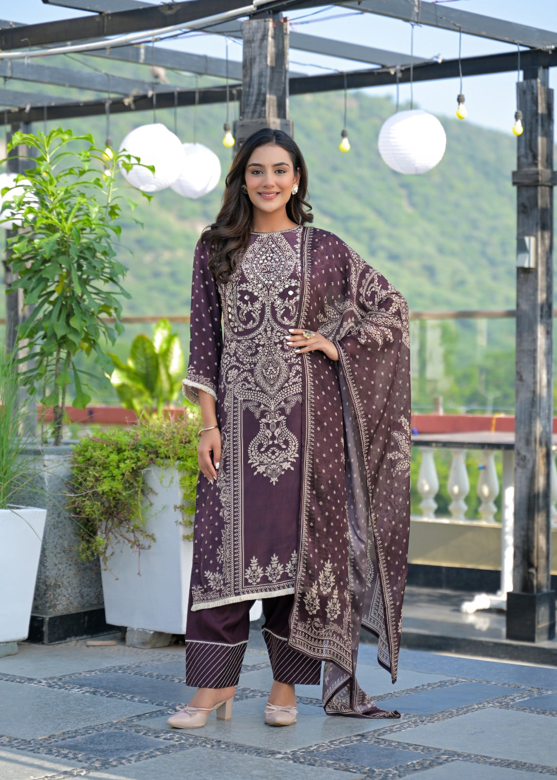 Plum Embroidered Cotton Kurta Set with Pants – Elegant Festive Wear for Women
