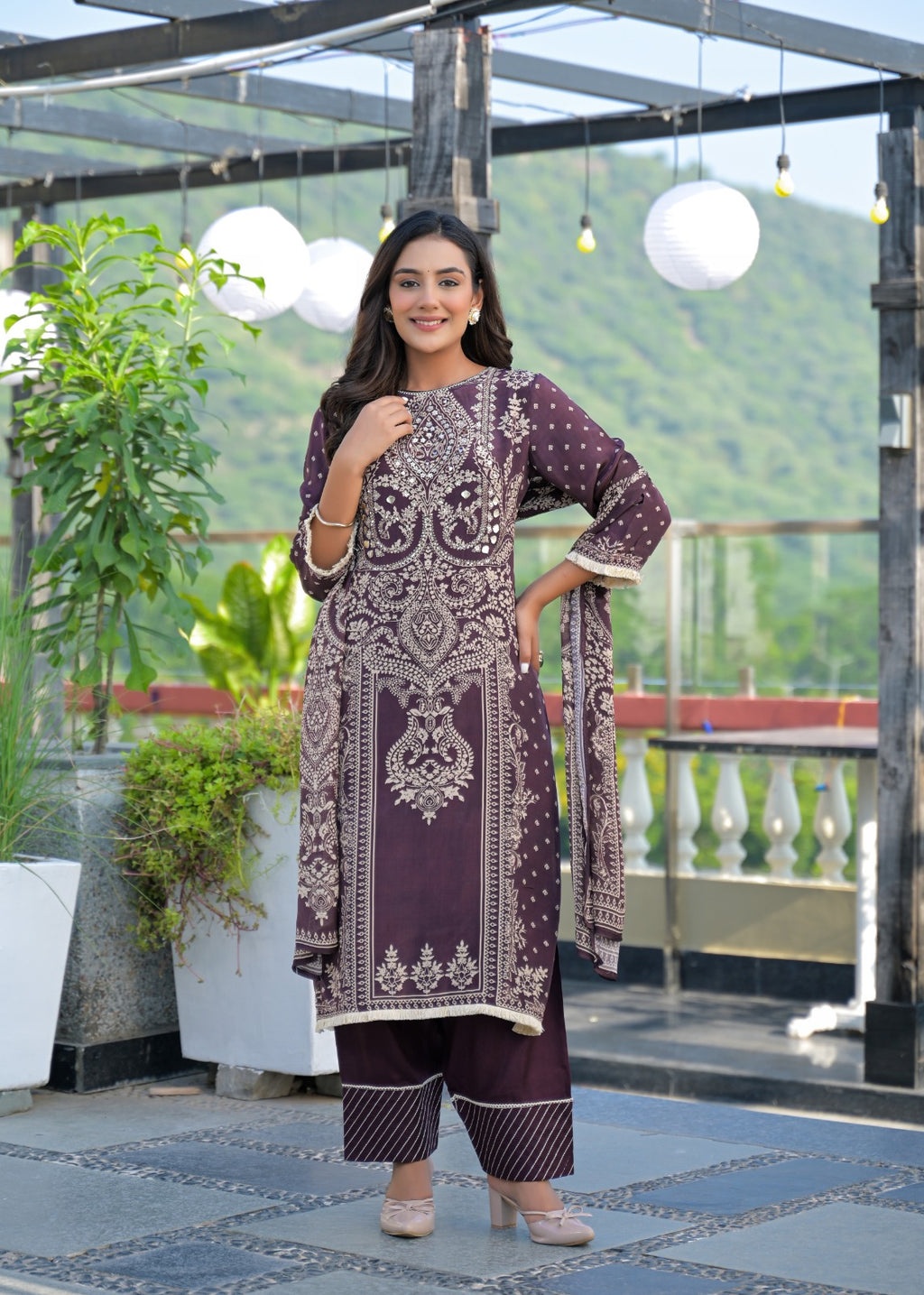 Plum Embroidered Cotton Kurta Set with Pants – Elegant Festive Wear for Women