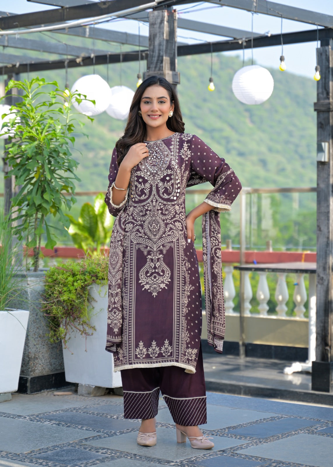 Plum Embroidered Cotton Kurta Set with Pants – Elegant Festive Wear for Women