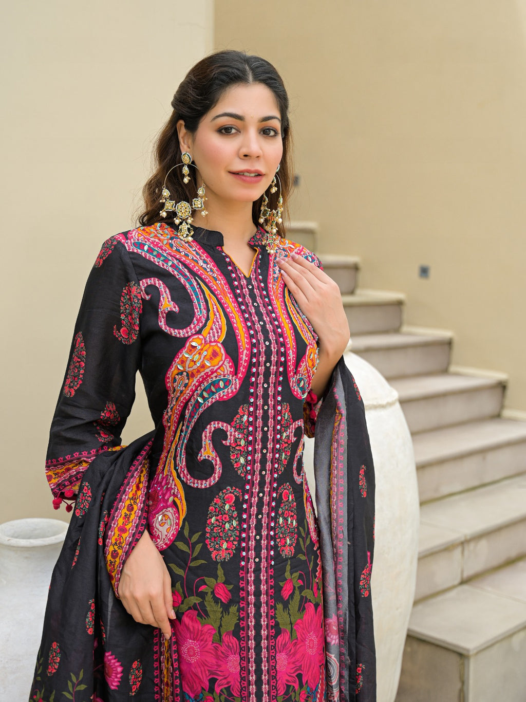 Black Multicolor Printed Cotton Kurta Set with Dupatta – Stylish Ethnic Wear for Women