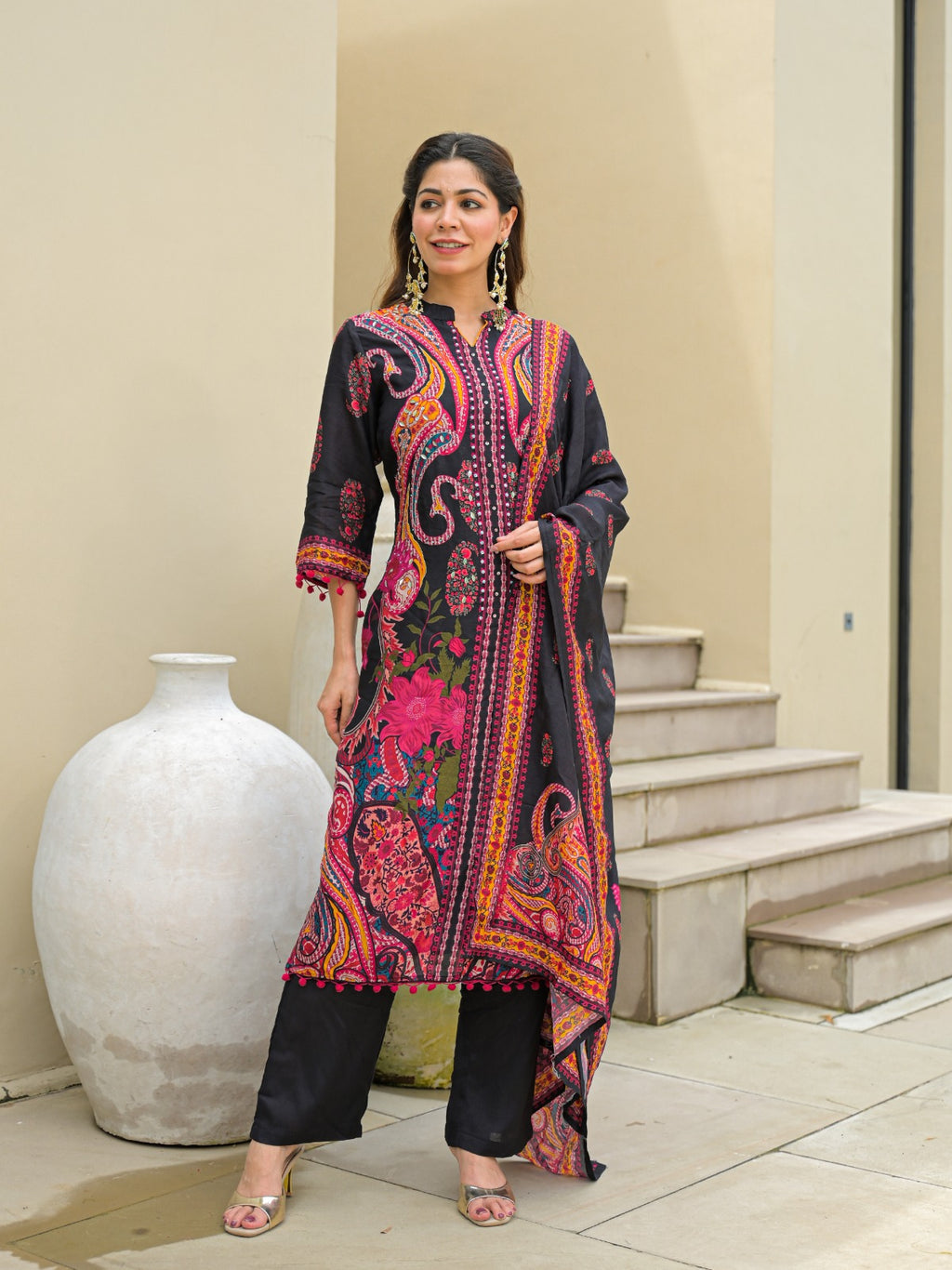 Black Multicolor Printed Cotton Kurta Set with Dupatta – Stylish Ethnic Wear for Women