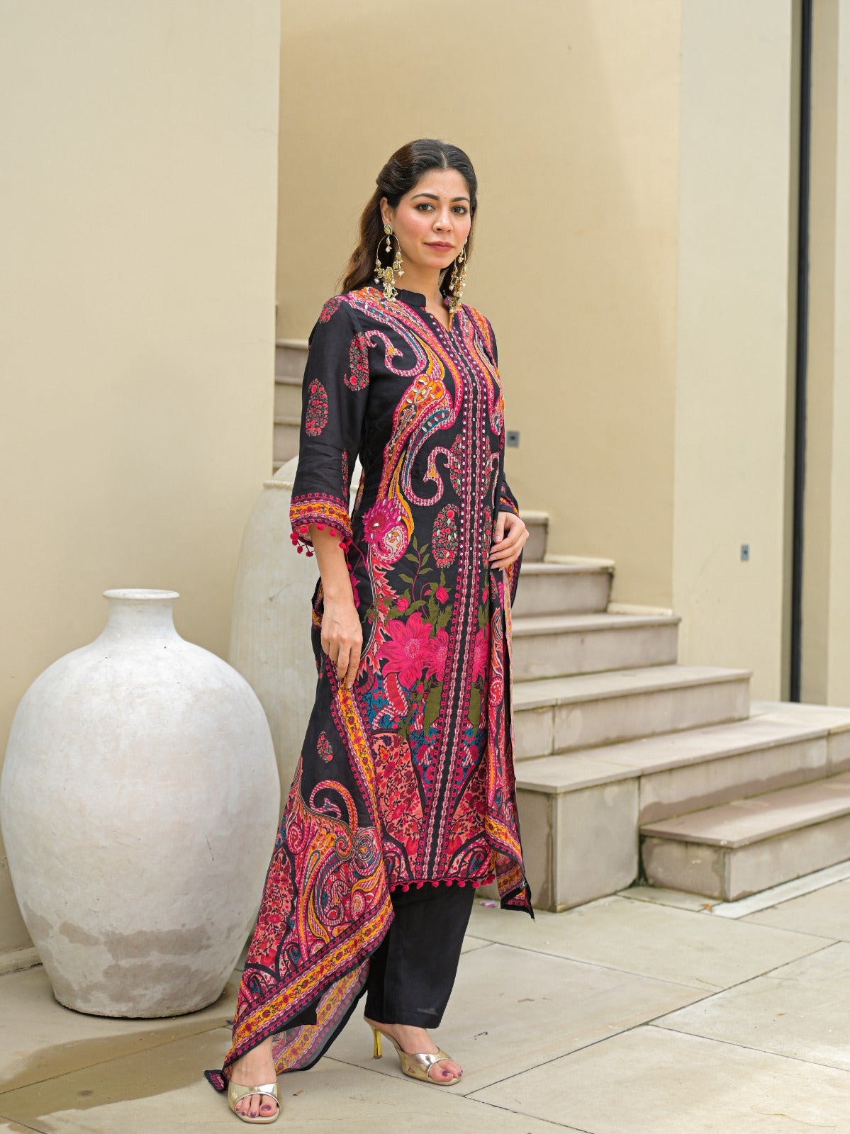 Black Multicolor Printed Cotton Kurta Set with Dupatta – Stylish Ethnic Wear for Women