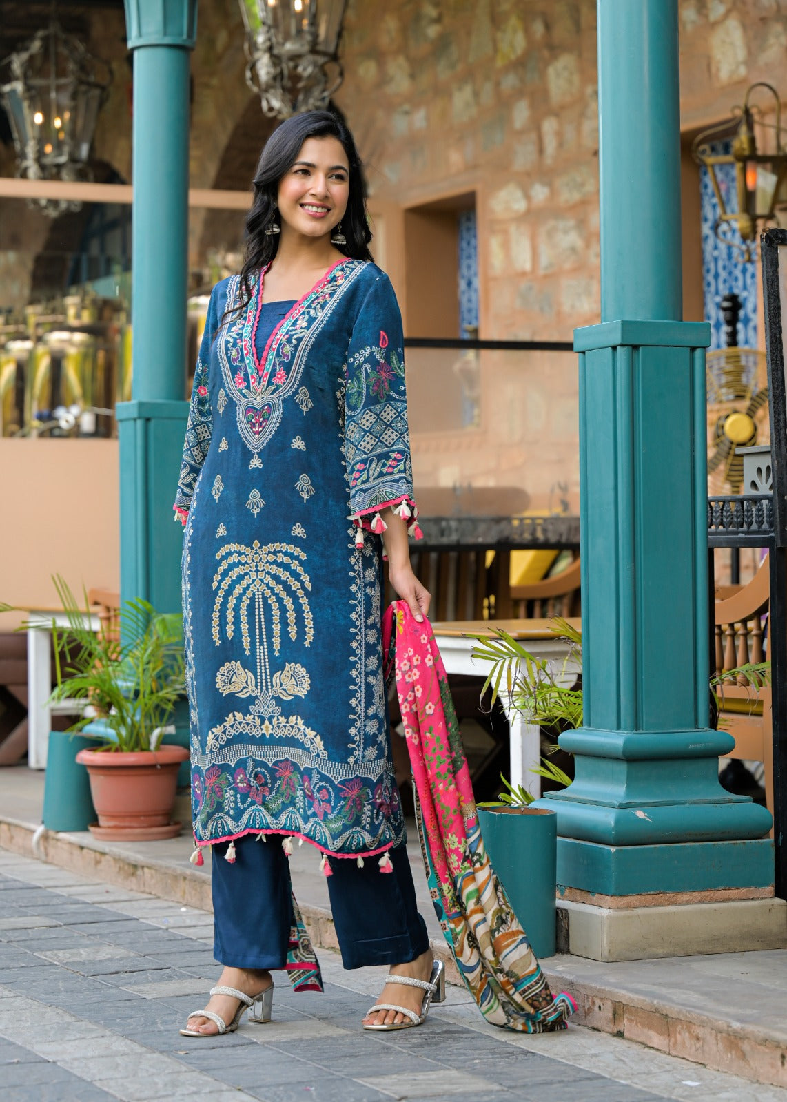 Blue Printed Cotton Kurta Set with Multicolor Dupatta – Elegant Ethnic Wear for Women